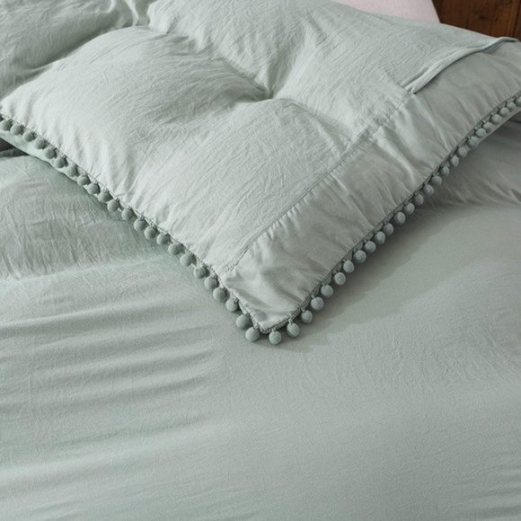 UO 3 Pieces Queen Green Pom Pom Fringe Duvet Cover - Picture 3 of 9